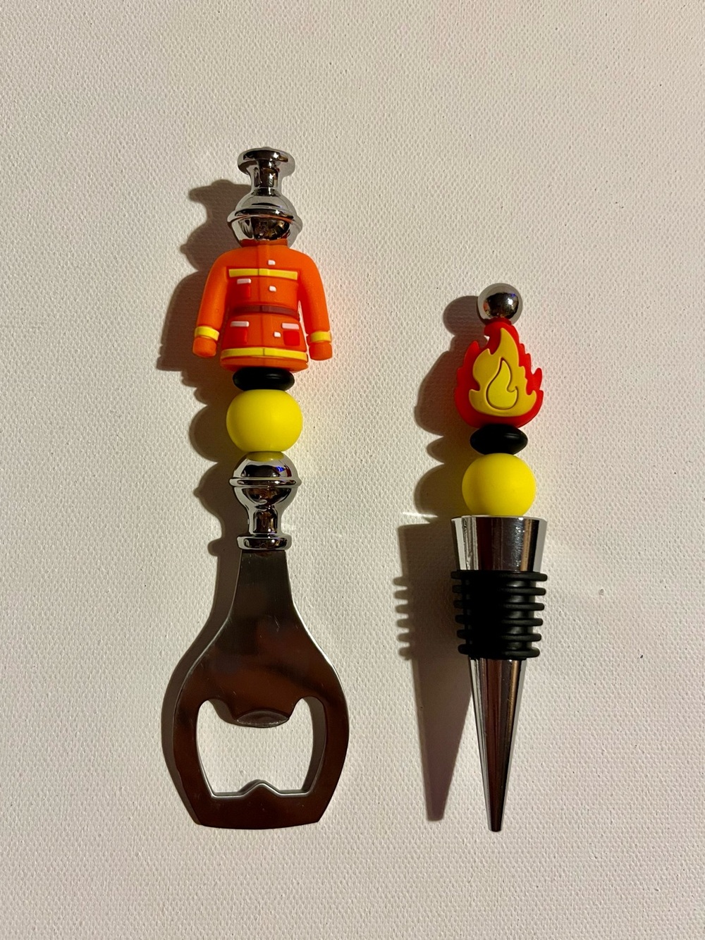 Novelty Firefighter Bottle Opener and Wine Stopper Set - Orange and Yellow